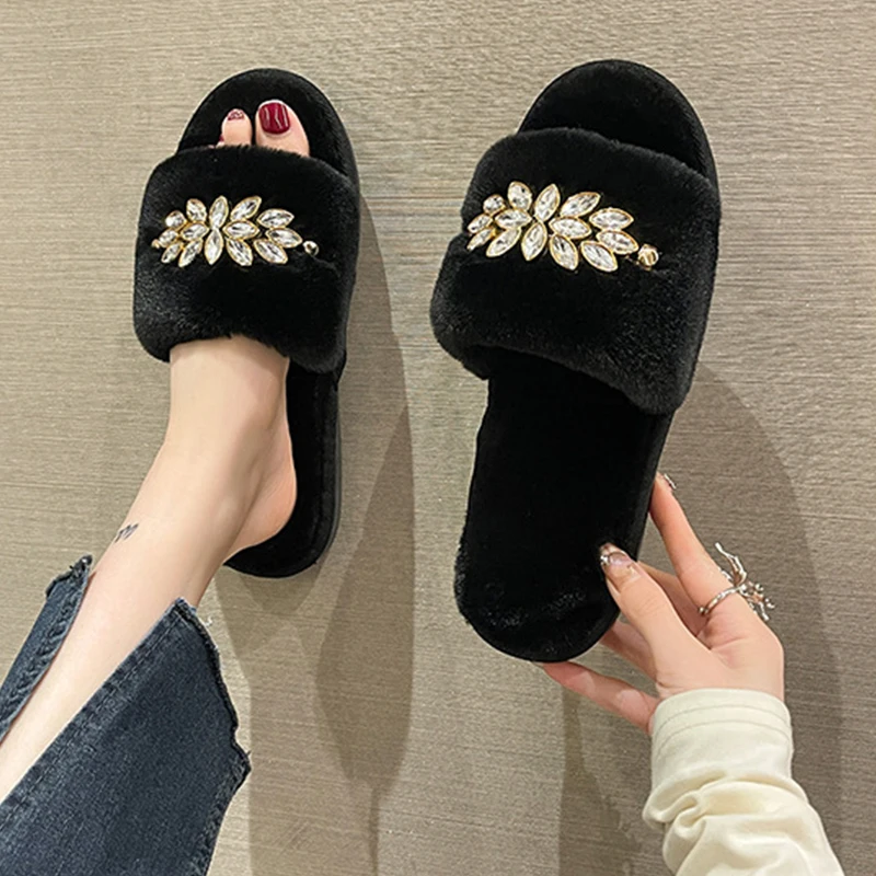 Fashion Crystal Flower Design Women Home Flat Slippers Solid Color Open Toe Home Fur Warm Non-slip Leisure Interior Woman Shoes