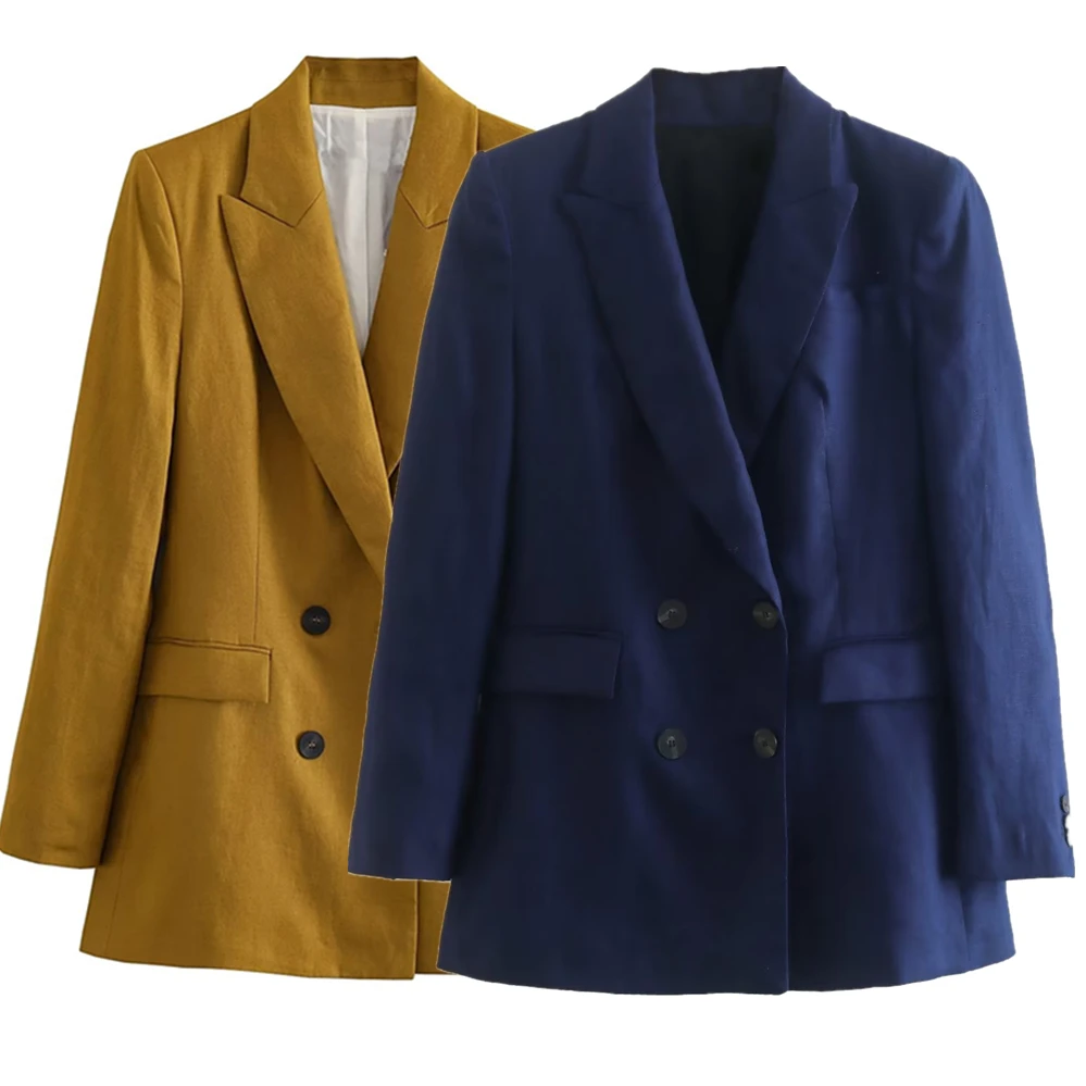 Dave&Di British Fashion Double  Ladies Retro Linen Breasted Jacket  Casual Suit Blazers Women
