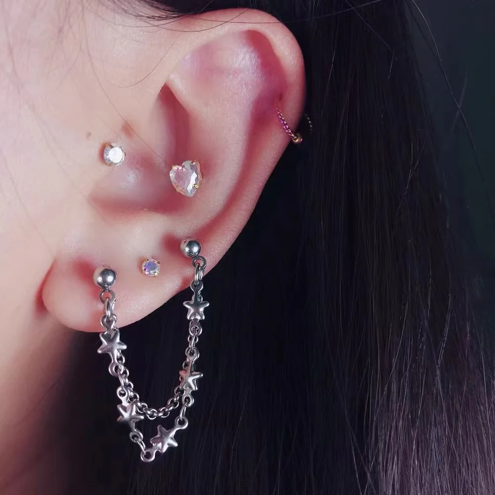 

Stainless Steel Ear Pierc Dangle Helix Earrings Heart Star Ear Stud Cartilage Tragus Chain Lobe Piercing Jewelry 16g 20g Korean