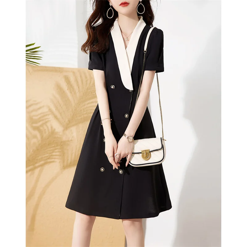 

Платье-миди женское трапециевидное офисное с коротким рукавом, черное