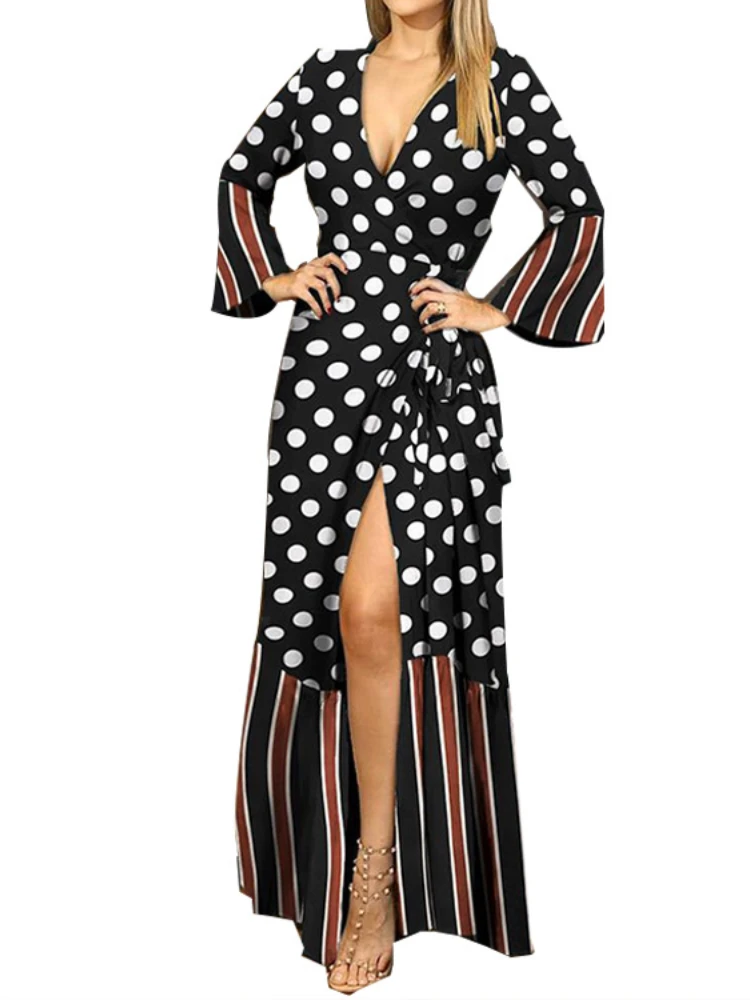 

Women's Sexy Dress New In Summer Lace-Up Leopard Print Flare Sleeve Female Long Dress V-neck Elegant and Pretty Women's Dresses