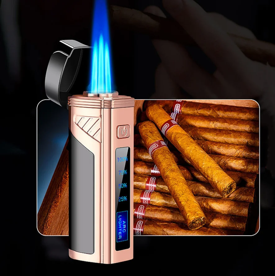 

Luxury Fingerprint Touch Sensor Jet Turbo Flashlight 3 Flame USb Plasma Charging Electronic Butane Windproof Gas Lighter Gift