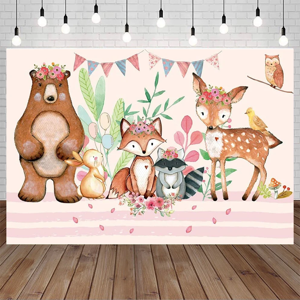 

Safari Backdrop Happy Birthday Boho Wild One Baby Shower Backdrop for Girl Vinyl Photography Background Woodland Animal Backdrop
