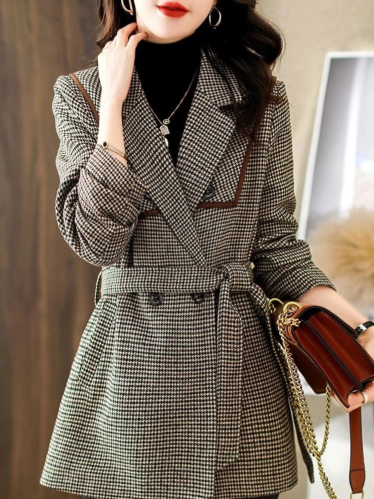 

Chic Elegant Woman Jacket Autumn New Women's Clothing Korean Fashion Coats Office Casual Plaid Belt Oversize Blazer Women 2023