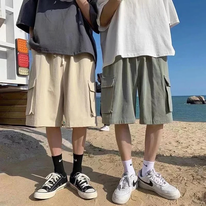 New Men's Shorts Streetwear Big Pockets Black Khaki Green Summer Beach Short Homme Man Clothes Elastic Waist Wide Leg Pants XXL