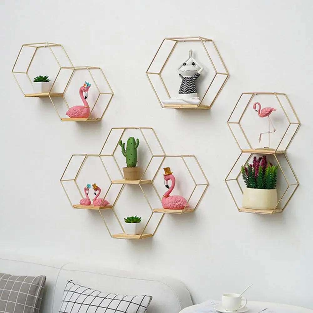 

Nordic Hexagonal Iron Stand Small Pot Wall Holder Home Shelf Storage Holder