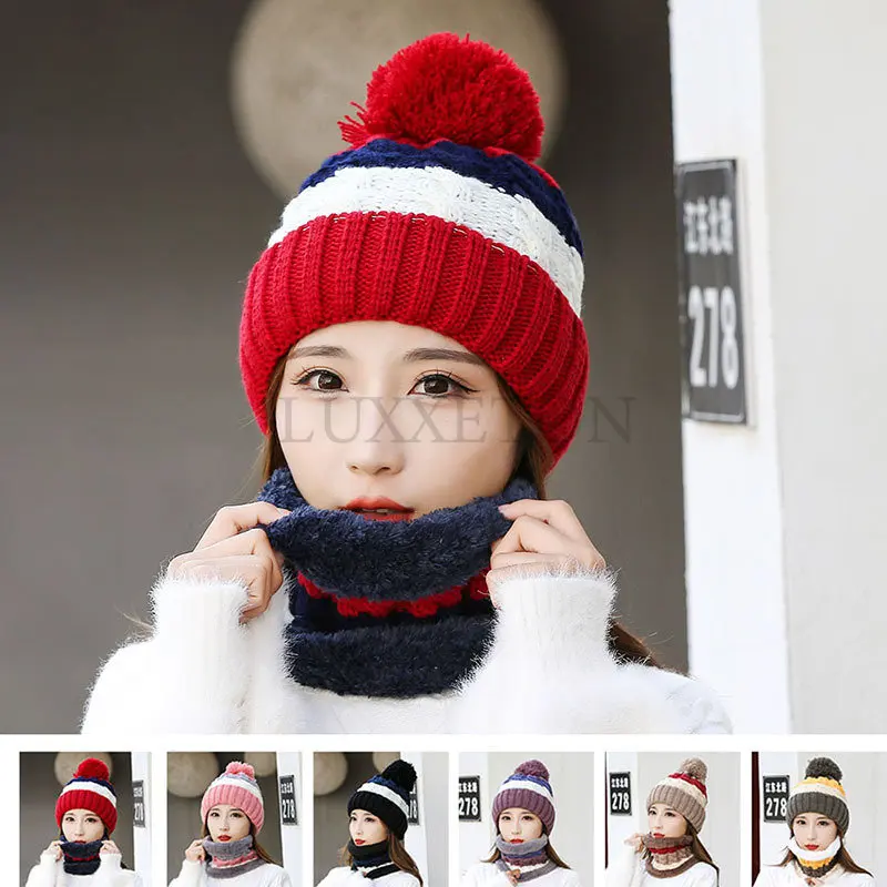 

New Brand Winter Hats Women Thick Knit Warm Beanies Hat Bib Female Windproof Cycling Wool Stitching knitting Hedging Caps Sets 2