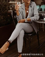 womens checked slim lapel suit set 2022 spring autumn casual elegant office lady long sleeve jacket high waist trousers sets