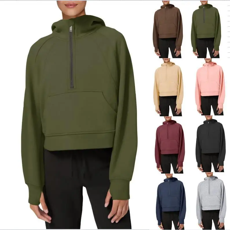 

2023 Hooded plush sweater casual solid color zipper high neck thermal sleeve refers to a women's sweater