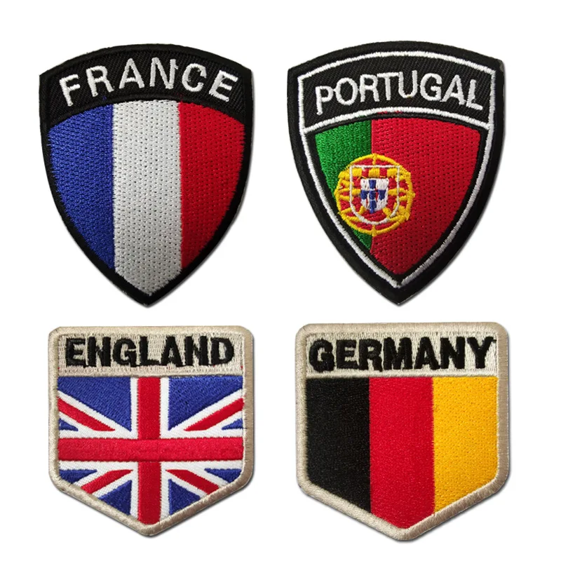 

Embroidered Velcro Badge France, UK, Germany, Portugal Flag, Shield-shaped Patch, Personality Logo Armband Clothing Patch Logo