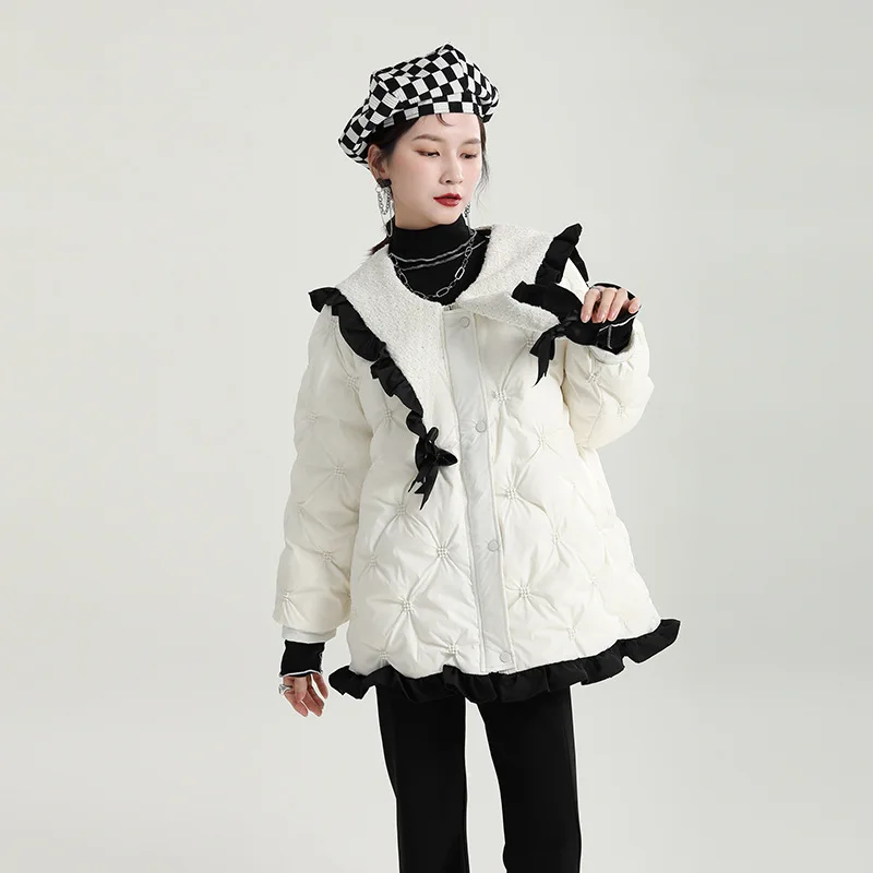 White Doll Collar Down Jacket Female Winter Jacket Niche Design Collision White Duck Down Down Down Jacket