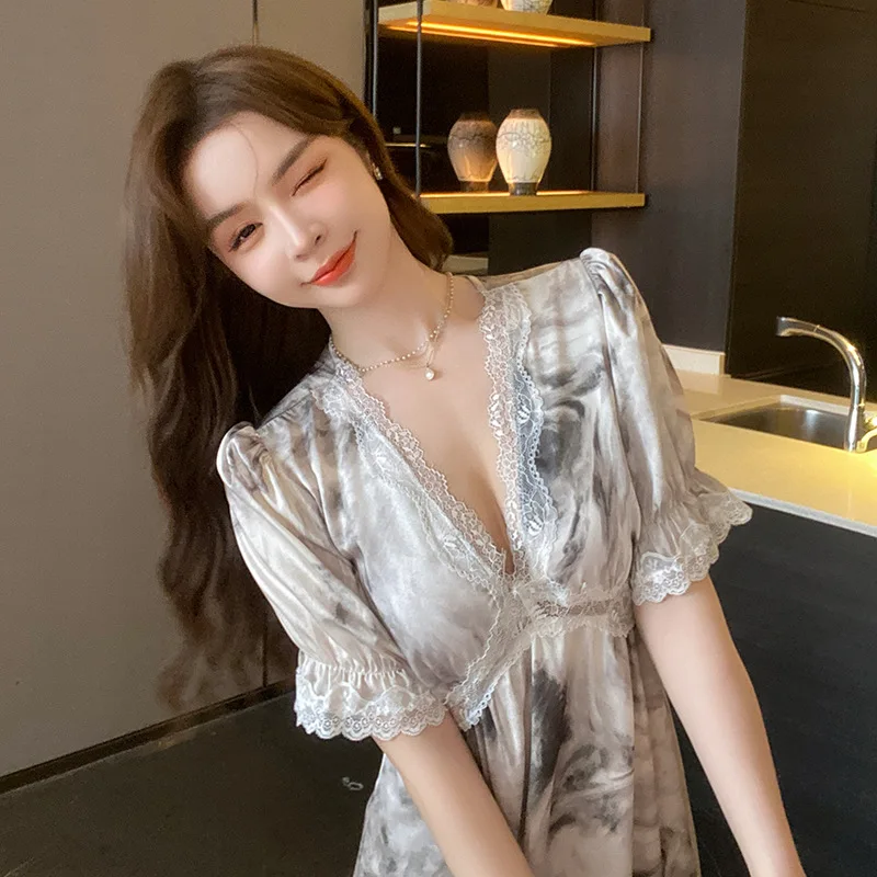 

Print Nightgown V-Neck Lace Nightdress Sleepwear Spring Summer Nighty gown Loungewear Women Satin Nightwear Homewear