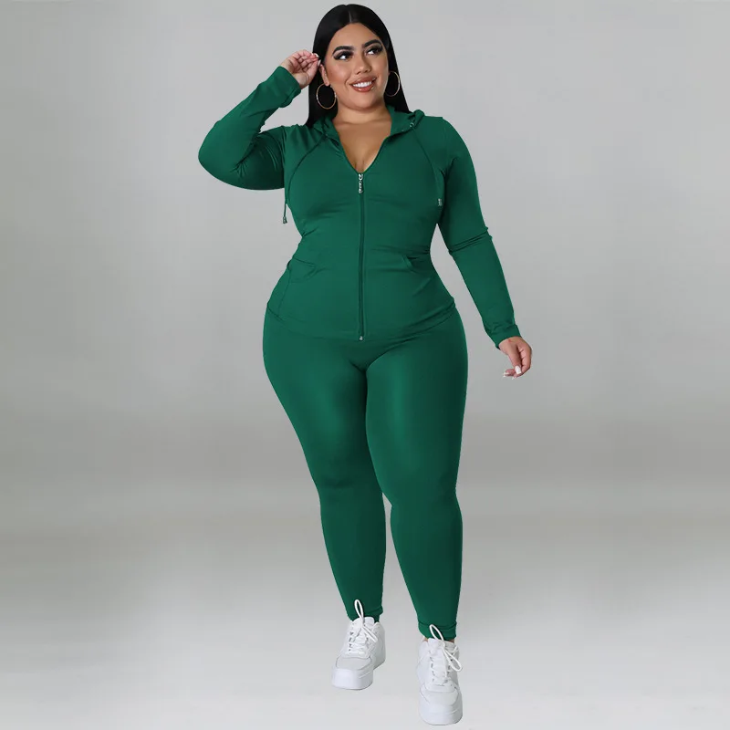 Plus Size Jumpsuits Solid Zipper Hooded Long Sleeve Tights Plus Size Women Clothing Sporty Slim Fit Matching Set Elastic Waist