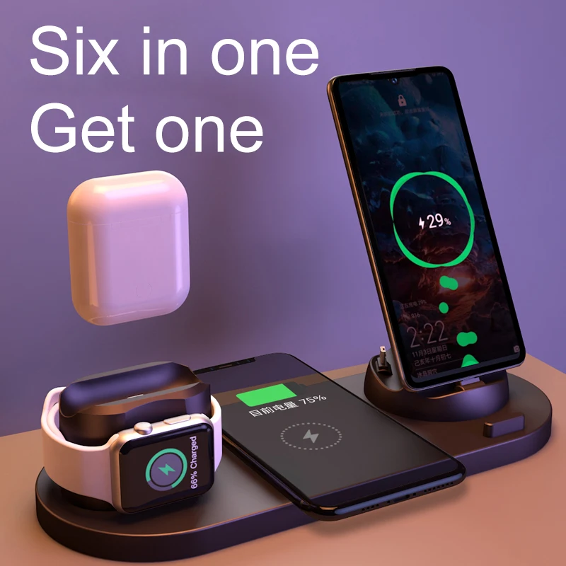 

Wireless Charger 6 In 1 15w Fast Charging Stand Carga Rapida Dock Station Carregador Sem Fio For Iphone Apple Watch Airpods