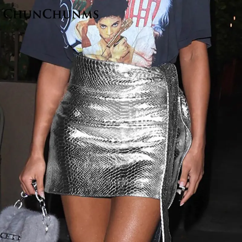 

Женская юбка с высокой талией, серебристая Юбка со змеиным принтом и поясом, сексуальная одежда для вечевечерние в готическом клубе 2022, модная уличная одежда с ночным бюстом