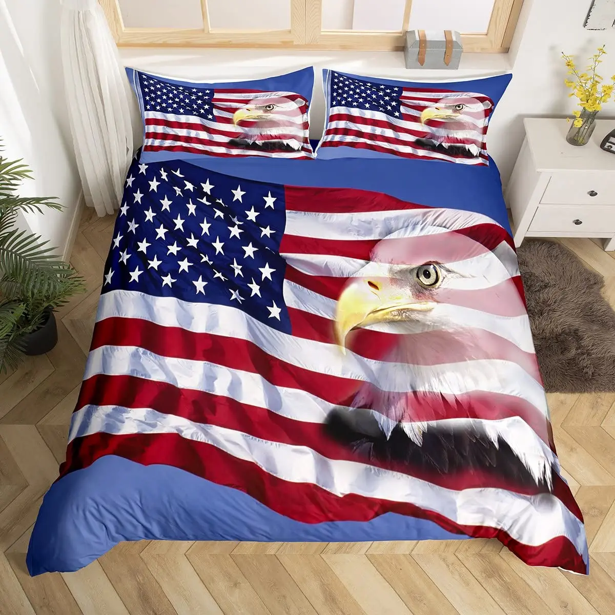 

American Flag Duvet Cover Microfiber Bald Eagle Patriot United States Flag Bedding Set Independence Fourth of July Quilt Cover