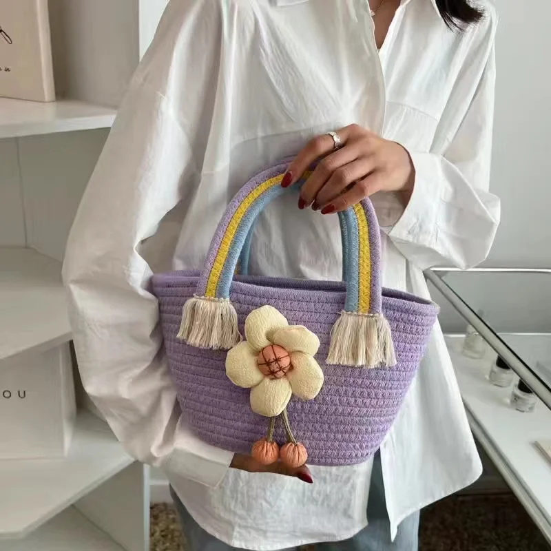 2022 Summer Women Straw Bags Trend Designer Rainbow Handle Tassels Handbag Cotton Woven Bag Large Capacity Female Beach Tote