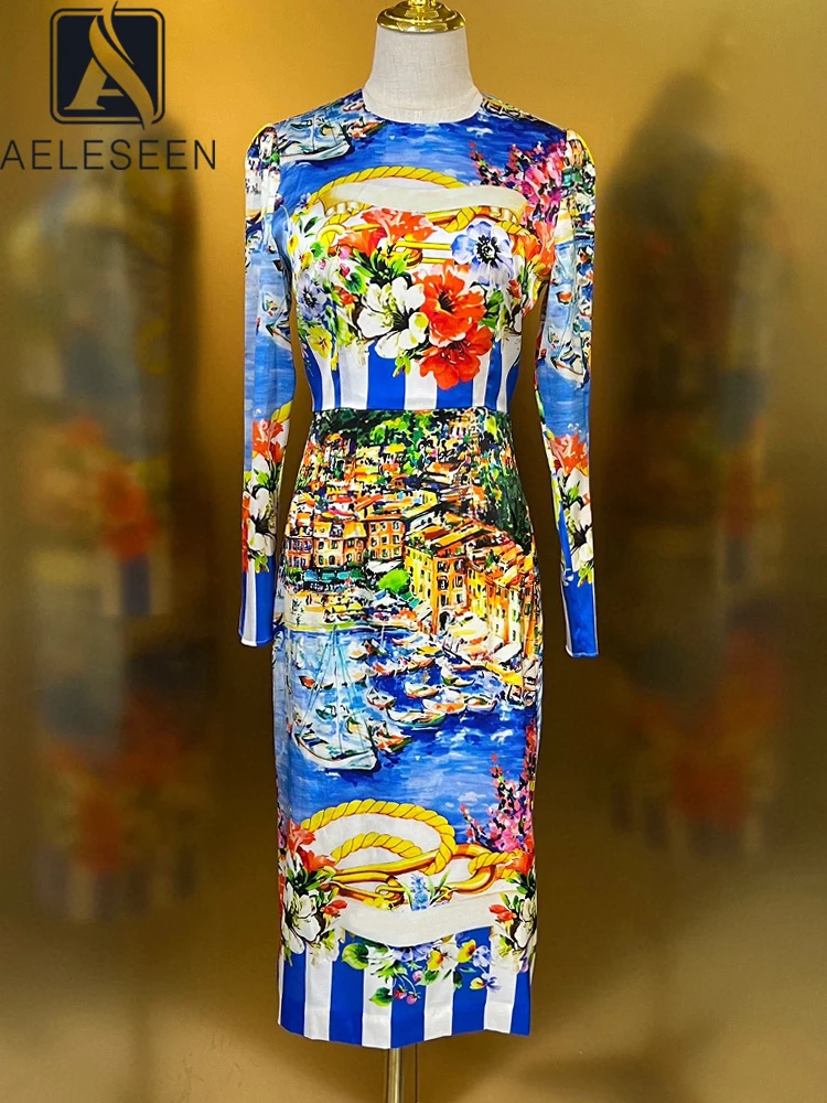 AELESEEN Sicilian 100% Silk Dress Women Summer Design Fashion Full Sleeve Flower Print Sheath Split Elegant Party Holiday
