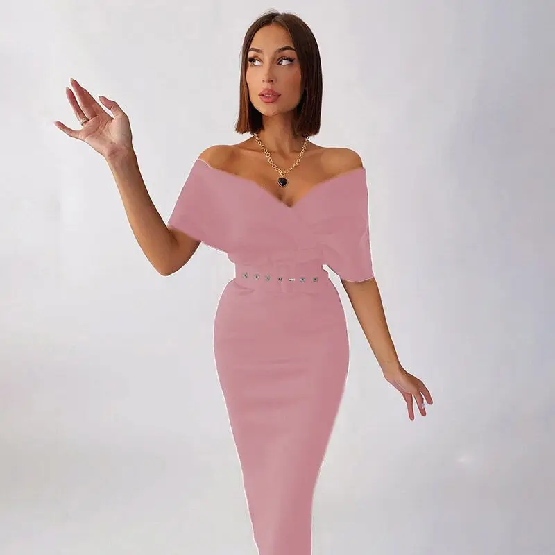 

2022 Sexy Temperament Women's Midi Dress Creative Solid Color High Waist Belt V-neck One Step Skirt Ladies Dress SJ325