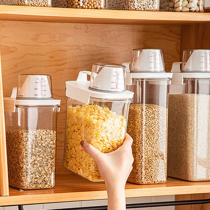 

Kitchen Airtight Food Storage Container Transparent Cereal Storage Jars with Measuring Cup Pouring Spout Cabinet Organizer Box