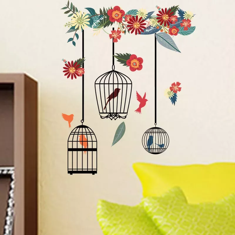 

Colorful Flower Birdcage Wall Stickers for Living Room Bedroom Home Decoration Wall Decals Large Murals Art Poster PVC