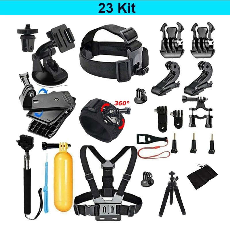 

Набор аксессуаров для камеры Go Pro Hero 9 8 7 6 5 4, 23 шт., черное крепление для Yi 4k Mijia, чехол для экшн-камеры Sjcam