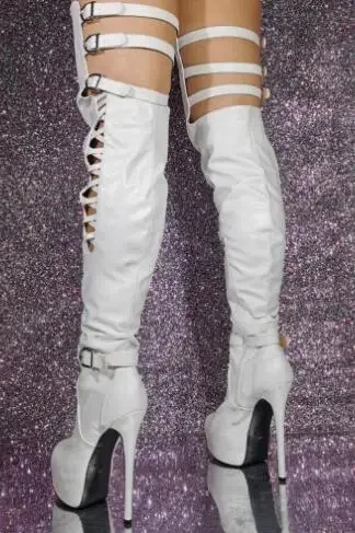 Sexy Women White Black Matte Leather 4 CM Platform Hollow Gladiator Buckles Stiletto Heels Over The Knee Thigh Long Boots Shoes