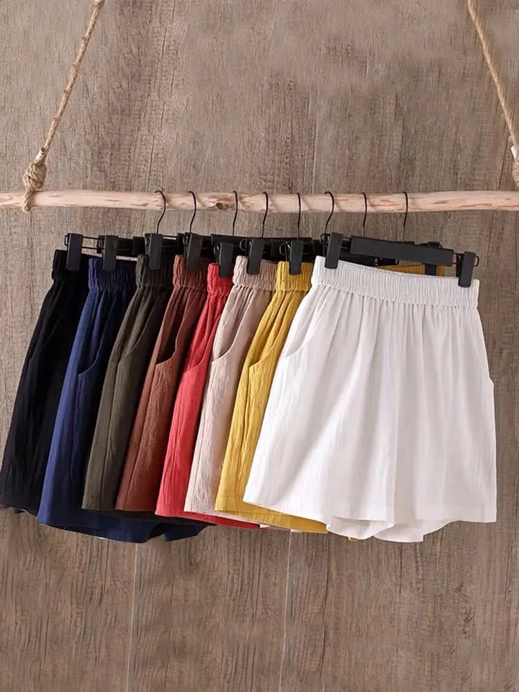 JMPRS Cotton Linen Women Shorts Summer Loose Elastic Waist Thin Shorts White Fashion Pockets Joggers Female Wide Leg Shorts New