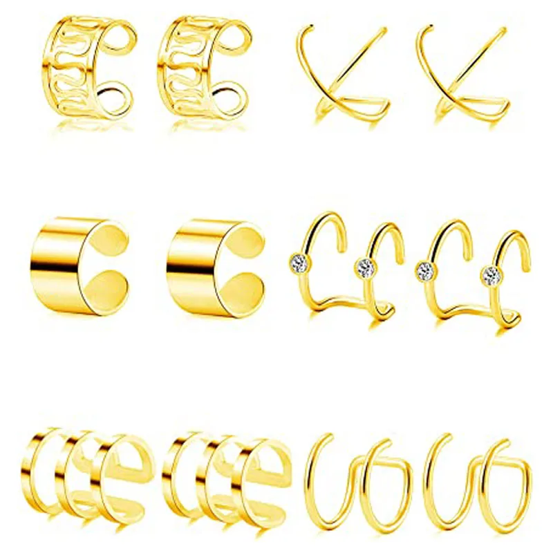 

6 Pairs of Stainless Steel Ear Clips Cartilage Cuffs Pierced Earrings Set Suitable for Men and Women Adjustable Gold