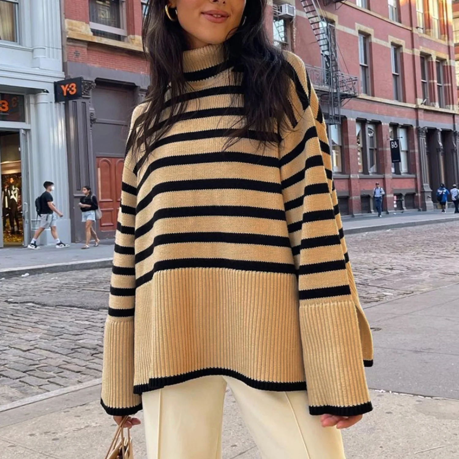 

Fashion Striped Turtleneck Sweaters Women Long Sleeve Oversized Knitted Pullovers Autumn Winter Elegant Casual Jumpers 2023