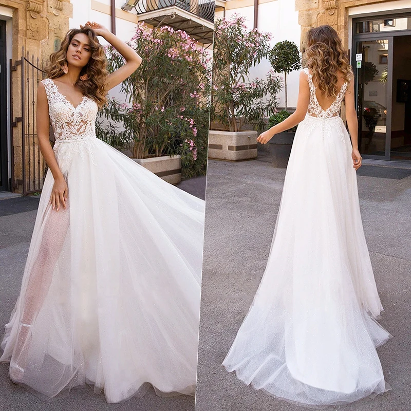 

Sexy V-Neck A-Line Wedding Dress Boho Tulle Lace Applique Side Slit Bridal Gown Off Shoulder Backless Train Vestido De Noiva