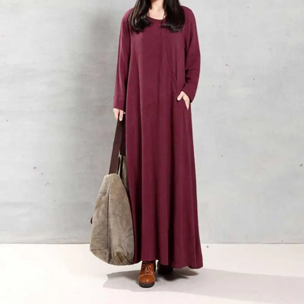 

Women Dress O-Neck Long Sleeves Slant Pockets Women Dress Retro Large Hem Solid Color Maxi Dress Female Clothing
