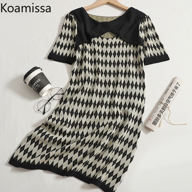 

Koamissa Plaid Women Knitted Bow Straight Loose Dress Summer Chic Vintage Dresses Office Lady Fashion Vestidos Dropshipping