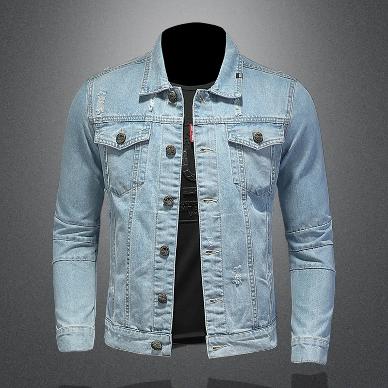 

Spring Autumn Fashion Denim Coat Men Self-Cultivation Single Breasted Ripped Denim Jacket Men Motorcycle Denim Jacket Men