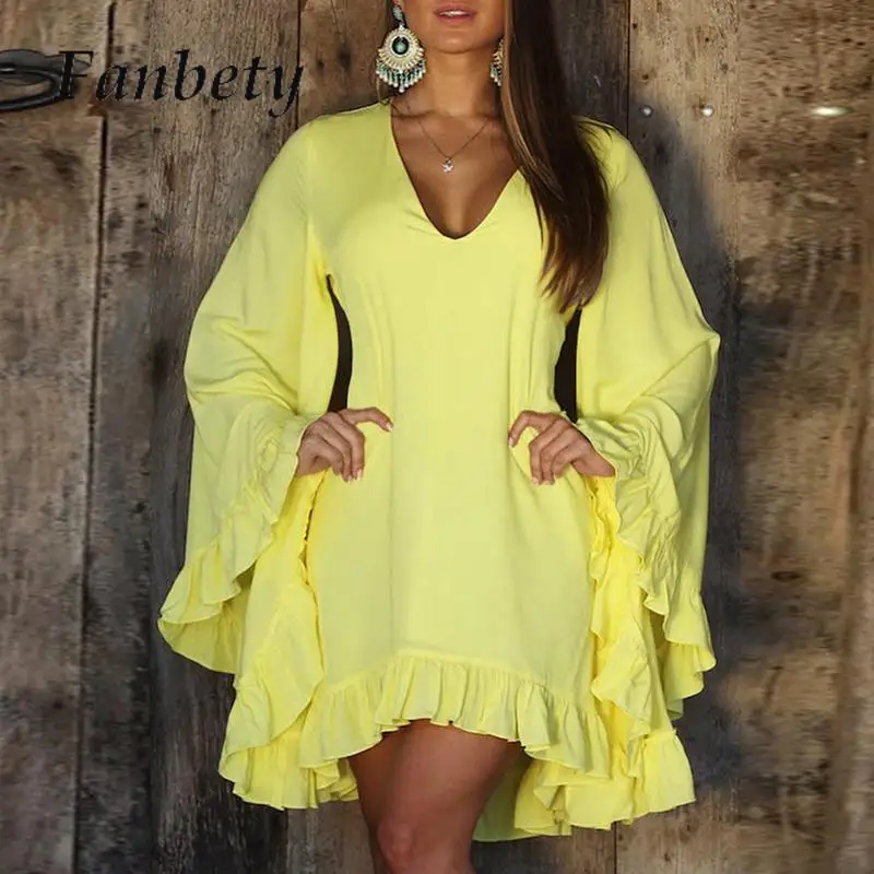 

Sexy Solid V-neck Short Dresses For Women Fashion Loose Women Ruffles Party Dress Summer Casual Flare Long Sleeve Beach Dress