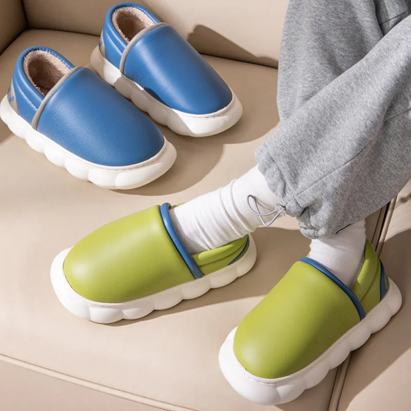 

Unisex Leather Slippers Winter Cotton Home Shoes Men Non-slip Warm Plush Shoes Solid Color Cotton Shoes Outdoor Waterproof Shoes