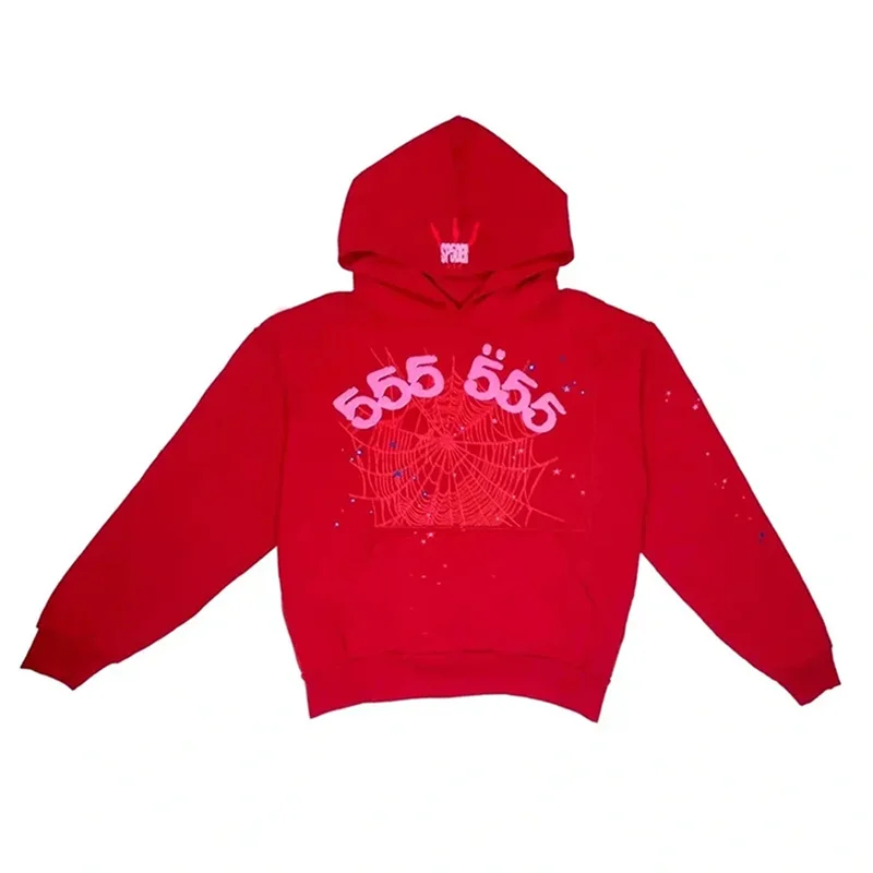 

Men Women 1:1 Best-Quality Hooded Puff Printing Sp5der 555555 Angel Number Hoodie Red Colour Spider Web Sweatshirts Pullover