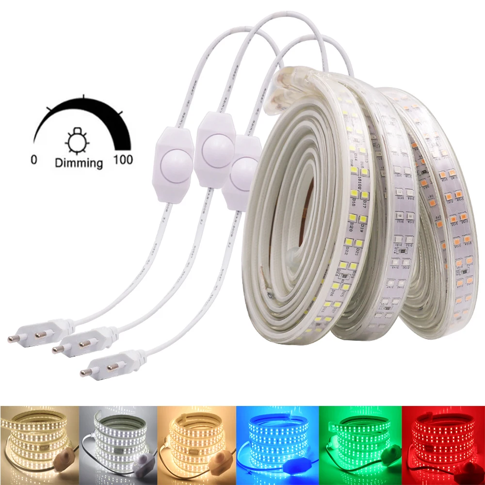 

220V LED Strip Light with Dimmer Double Row 2835 180Leds/m Flexible LED Tape Waterproof Ribbon Rope for Home Decoration EU UK