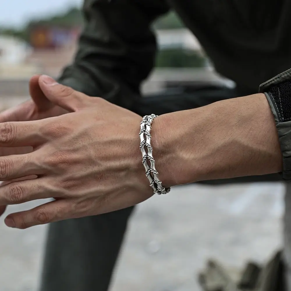 

Hand Woven Double-Layer Bamboo Open Bracelet Men's Casual Silver Color Cuffs Bracelet Climbing Cycling Sports Jewelry Gift