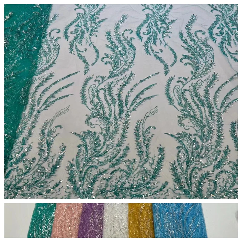 

5Yards Off White Peacock Blue Heavy Beading Sequins Lace Fabric Handmade Beaded Wedding Dress Lace Fabric V2039