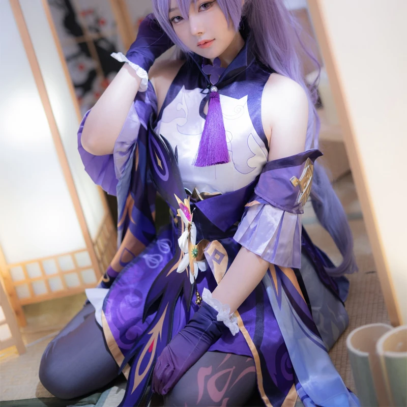Anime Game Genshin Impact Keqing Hutao Cosplay Kimono Uniform Costume Wig Full Set Halloween Ponytails Hair Purple Cosplay Cloth