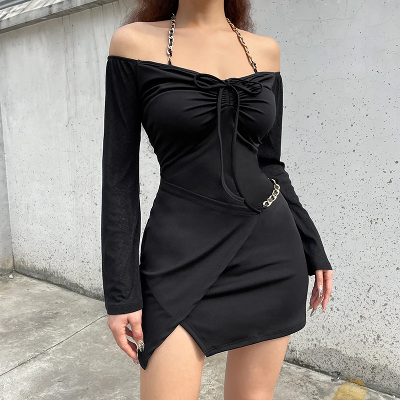 

WeiYao Off Shoulder Long Sleeve Elegant Bodycon Dresses For Women 2022 Spring Fashion Chains Halter Irregular Club Party Dress