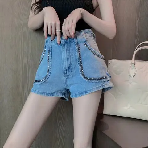 

Summer new large size design sense niche beaded beaded denim shorts women's all-match thin casual shorts send the same belt