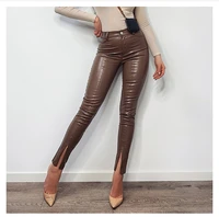 casual split women pant high waist zipper skinny faux leather pants trousers autumn streetwear female office lady pant