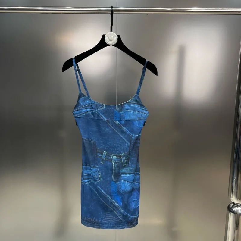 

BORVEMAYS, Новинка лета 2023, индивидуальное облегающее джинсовое платье контрастных цветов до колен с принтом, без рукавов, WZ3233