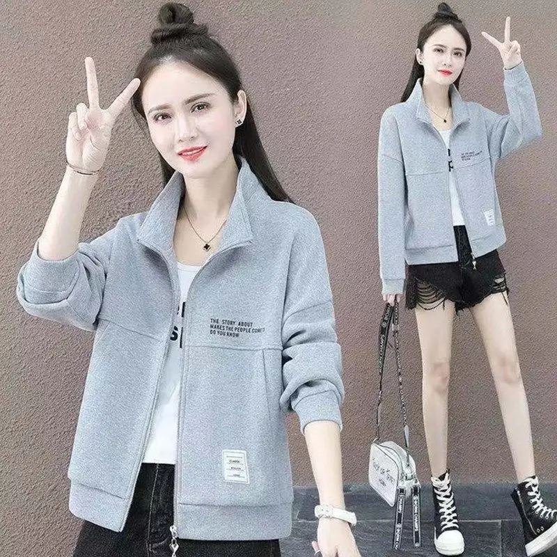 

Autumn Korean Fashion Women Long Sleeve Loose Short Coats Stand Collar Sweatshirt Casual Solid Zipper Jackets Femme Coat E245