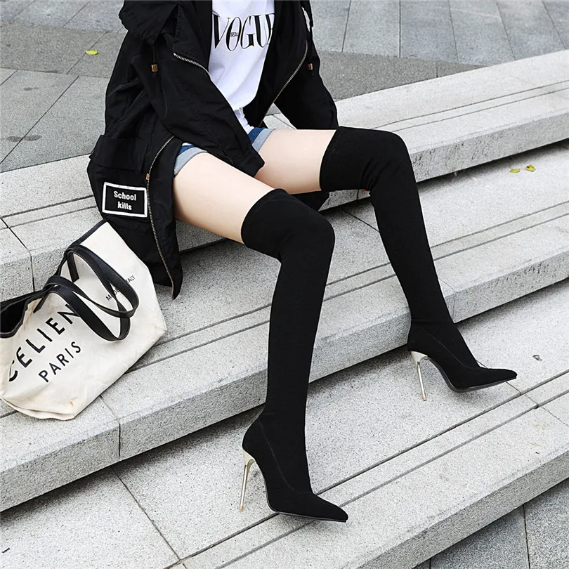 Plus Size Stretch Leopard Over Knee Boots High Thin Heels Pointed Toe Winter Fur Sexy Ladies Long Thigh-high Sock Boots Stripper