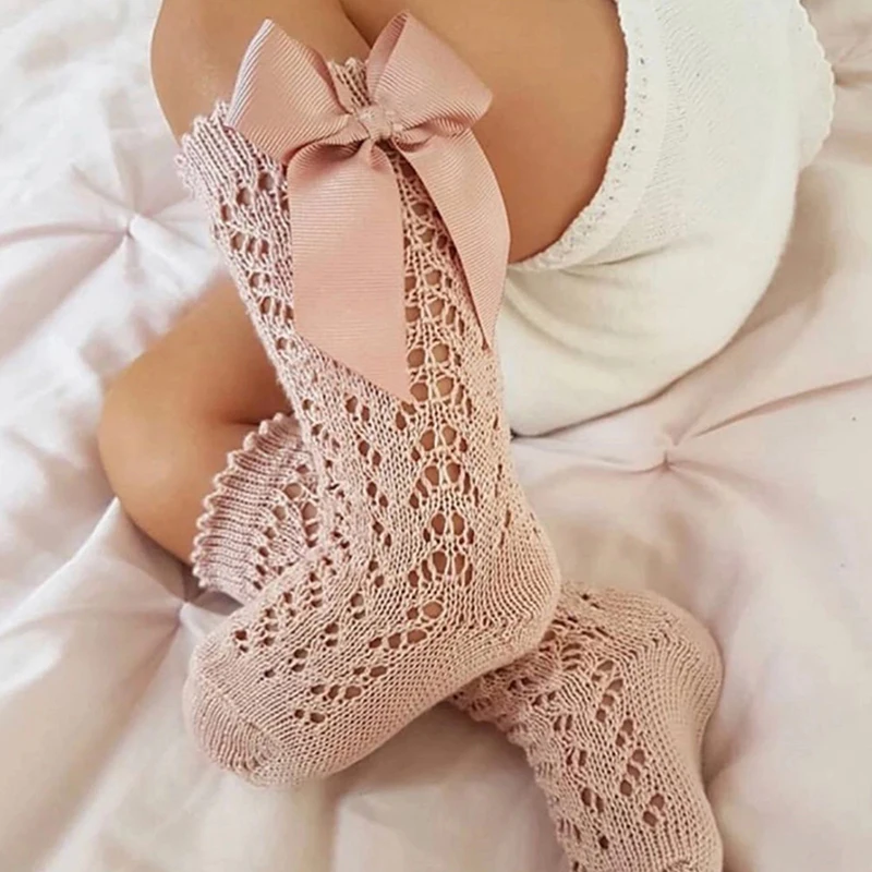 Children Girls Royal Style Bow Knee High Fishnet Socks Baby Toddler Bowknot In Tube Socks Kid Hollow Out Sock Sox 0-4Y