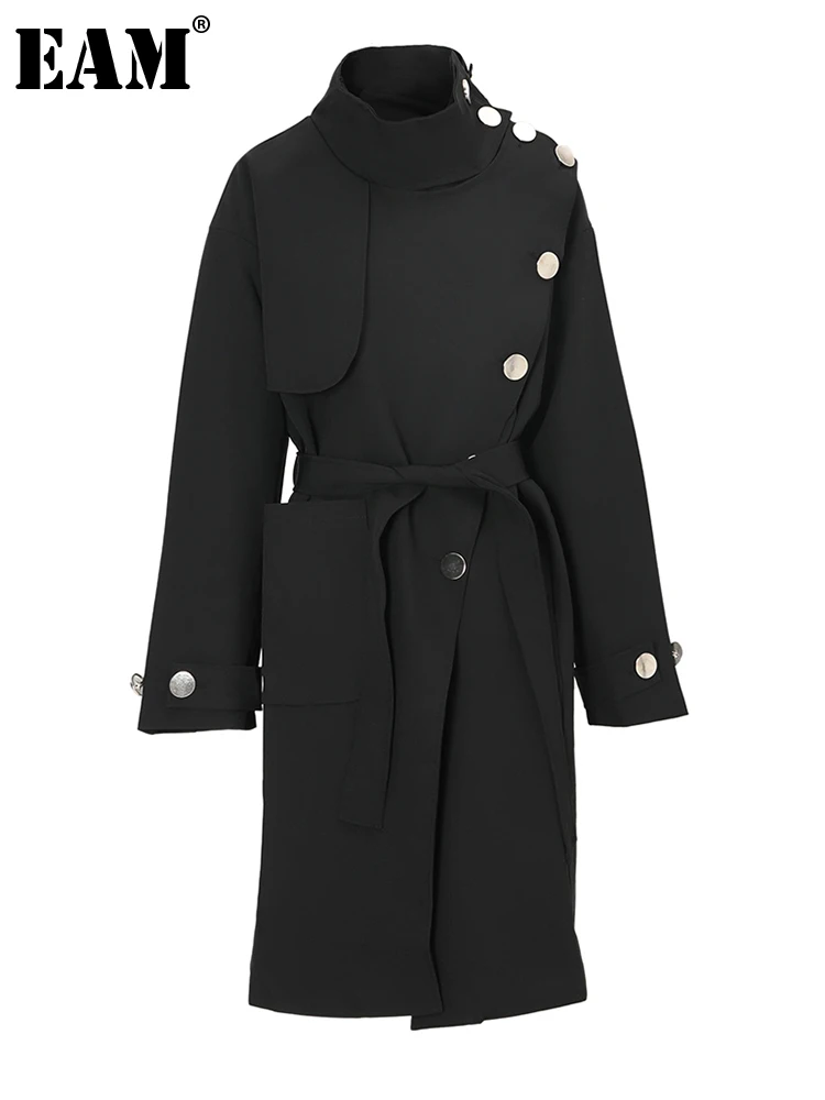 

[EAM] Women Button Irregular Big Size Long Trench New Stand Collar Long Sleeve Windbreaker Fashion Spring Autumn 2023 1DF3043