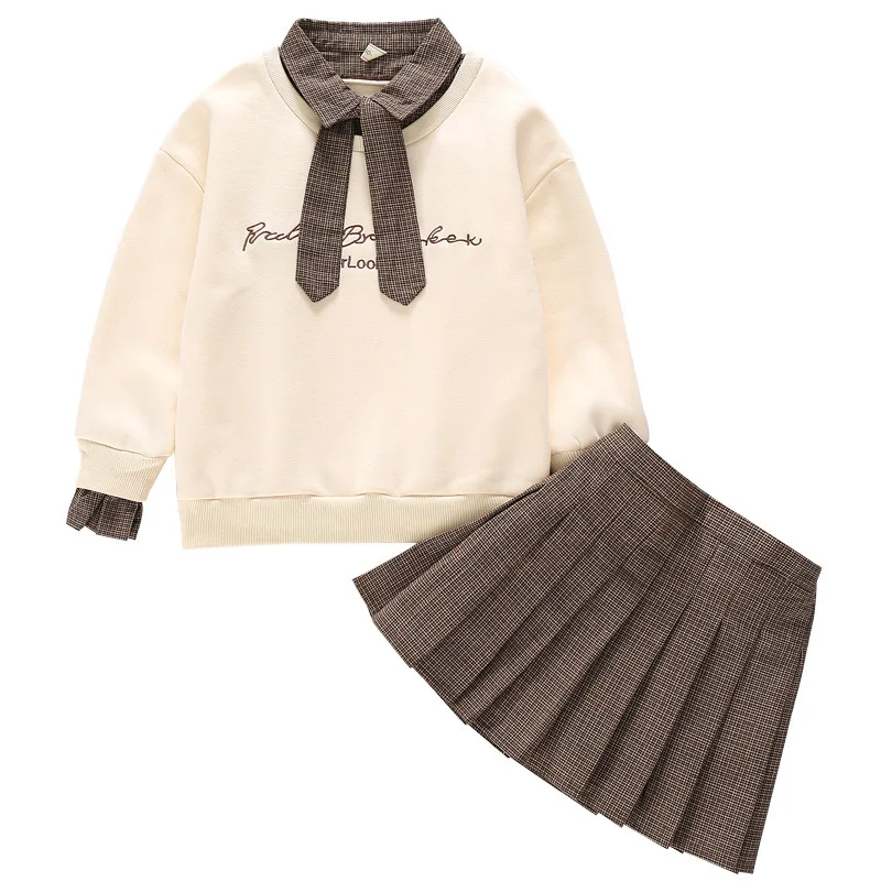 

Spring Autumn Children Girls Skirt Sets Pullover Sweatshirts and Plead Skirts Korean Cotton Two Piece Outfits for Teenage 8 12Y